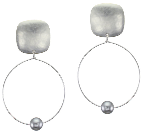 Rounded Square with Delicate Hoop and Pearl Clip or Post Earring in All Silver