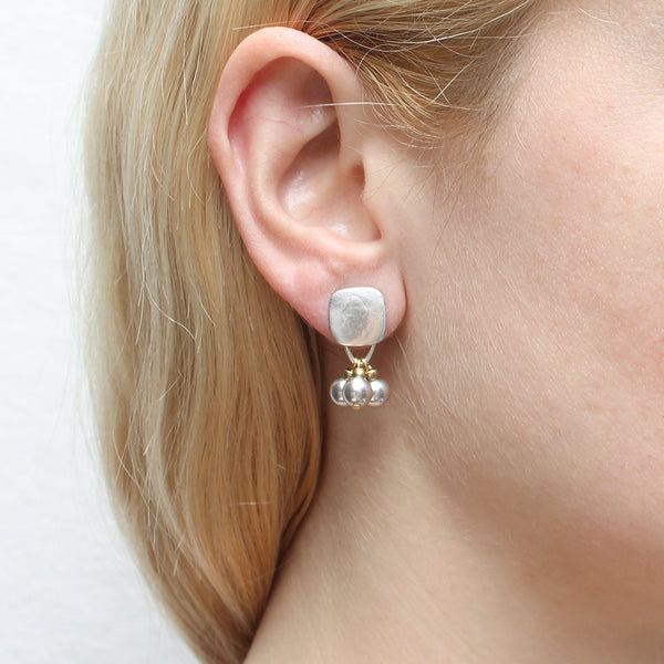 Rounded Square with Bead and Grey Pearl Drops Earring