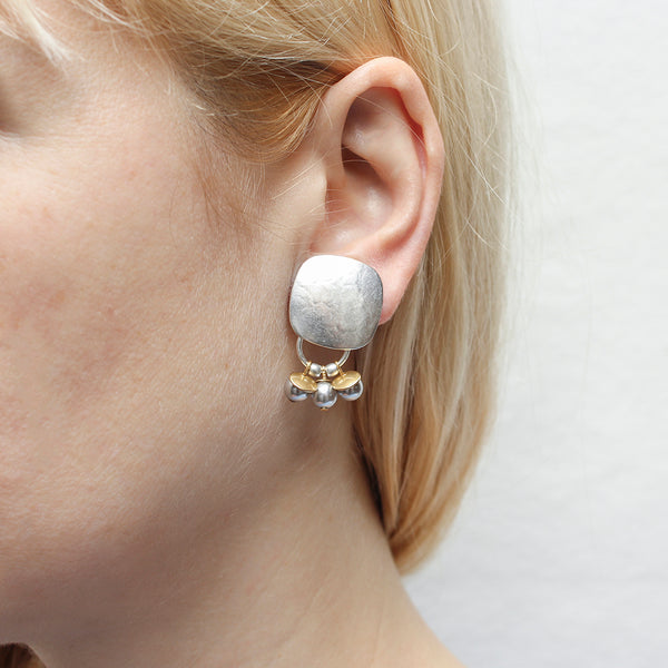 Rounded Square with Flat Discs and Grey Pearl Clip or Post Earring