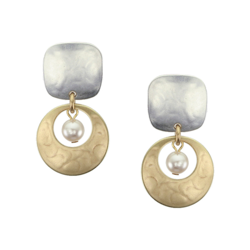 Rounded Square with Cutout Disc and Cream Pearl Clip Earring
