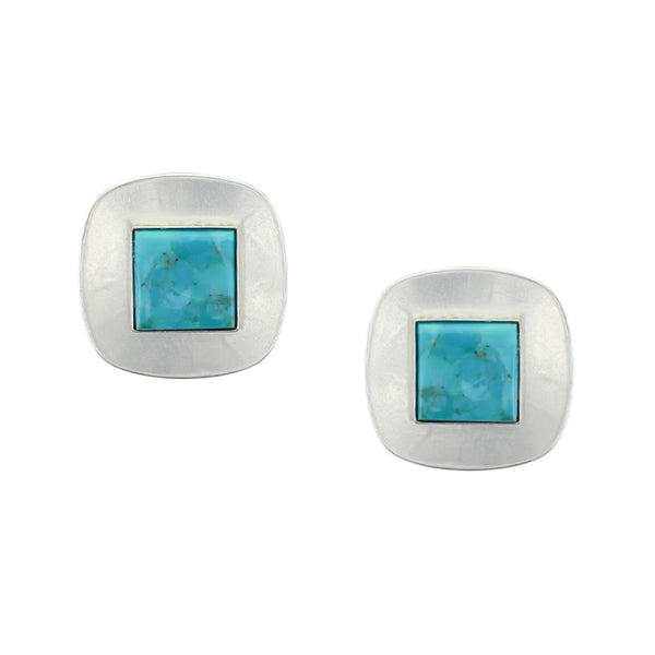 Medium Silver Rounded Square with Turquoise Clip or Post Earring