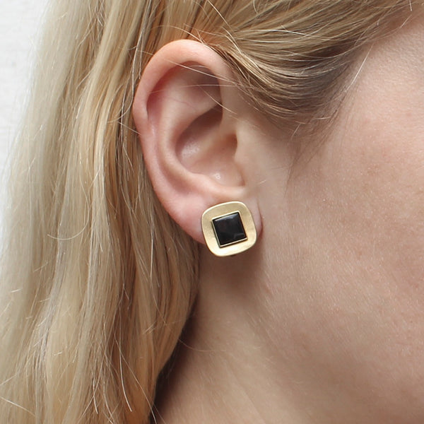Small Brass Rounded Square with Gemstone Clip or Post Earring