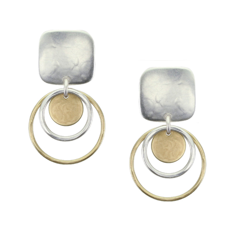 Small Rounded Square with Hammered Rings and Disc Earring