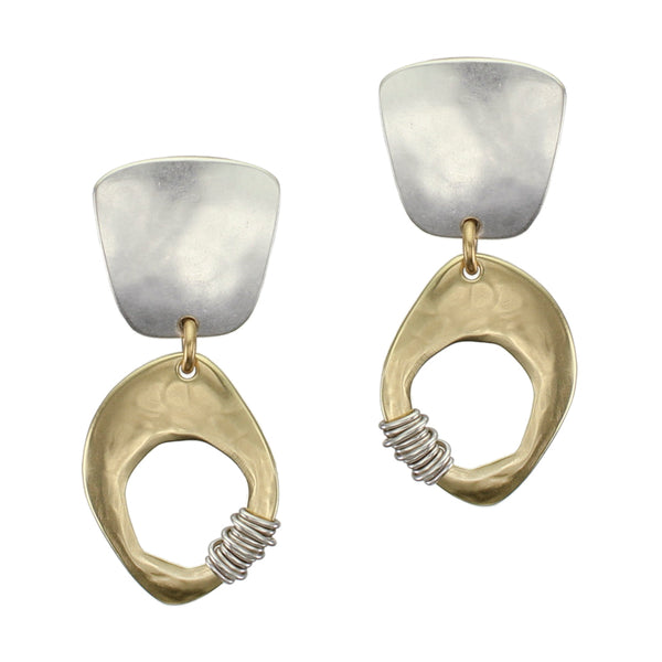 Tapered Square with Organic Cutout Disc with Heavy Wire Wrapping Post or Clip Earring