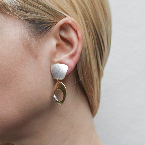 Tapered Square with Organic Cutout Disc with Heavy Wire Wrapping Post or Clip Earring