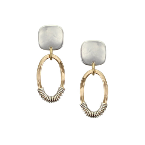 Rounded Square with Wire Wrapped Oval Ring Post Earring