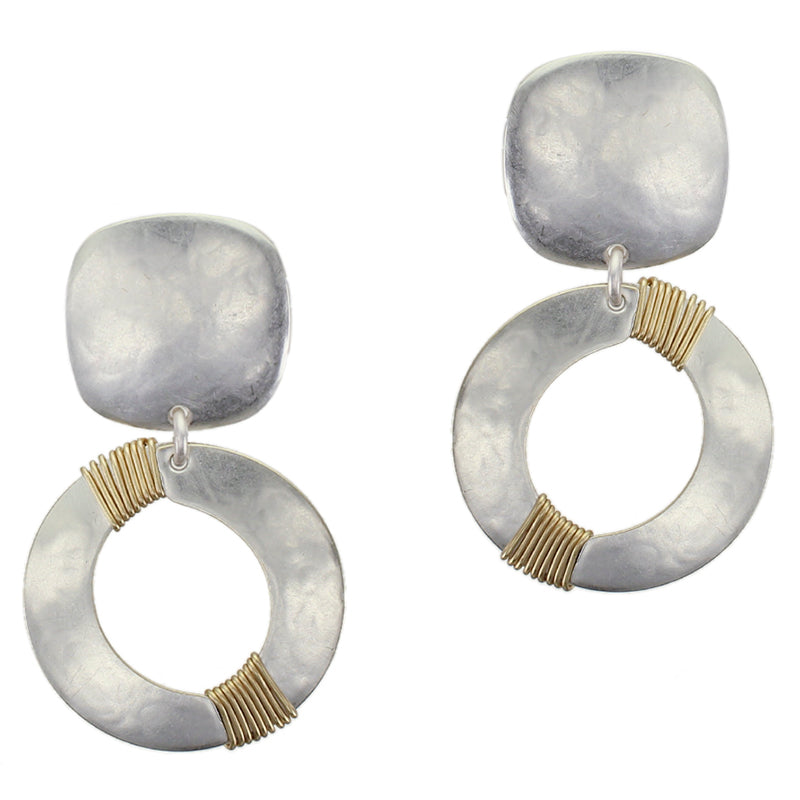 Rounded Square with Large Cutout Disc with Wire Wrapping Post or Clip Earring
