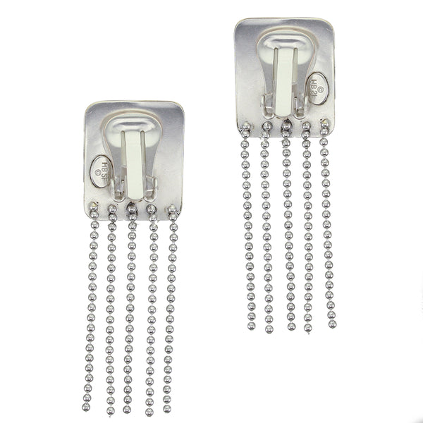Rounded Rectangle with Long Ball Chain Fringe Post or Clip Earring
