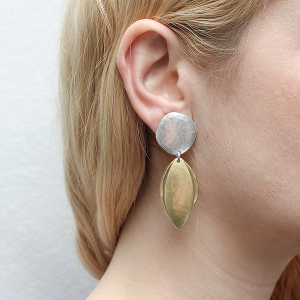 Organic Disc with Domed Leaf and Hammered Leaf Ring Post or Clip Earring
