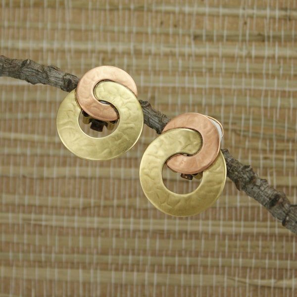 Brass and Copper Post or Clip on Earrings