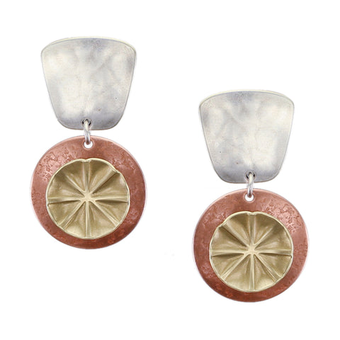 Tapered Square with Textured Discs Post or Clip Earring