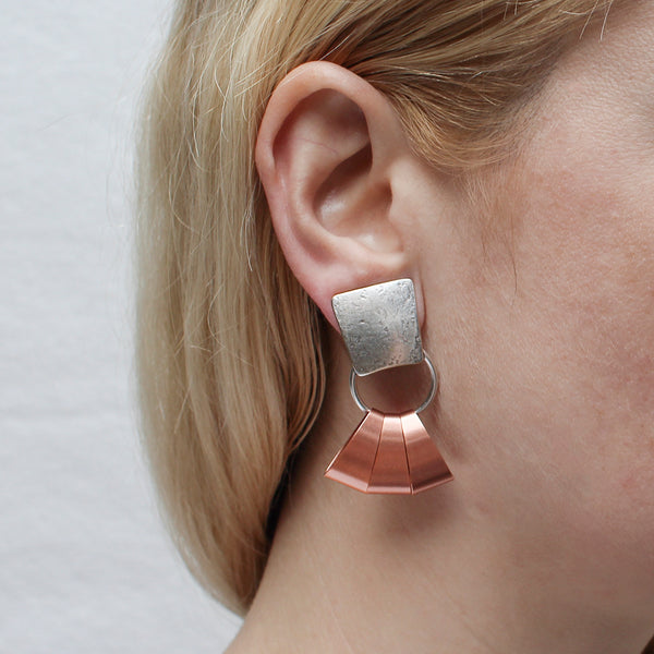 Tapered Textured Square with Ring and Tapered Rings Post or Clip Earring