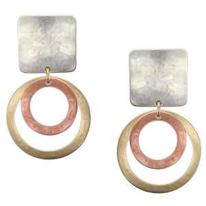 Square with Two Rings Clip or Post Earring