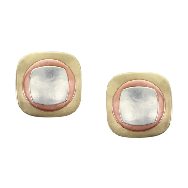 Rounded Square with Disc and Smaller Rounded Square Stacked Post or Clip Earring