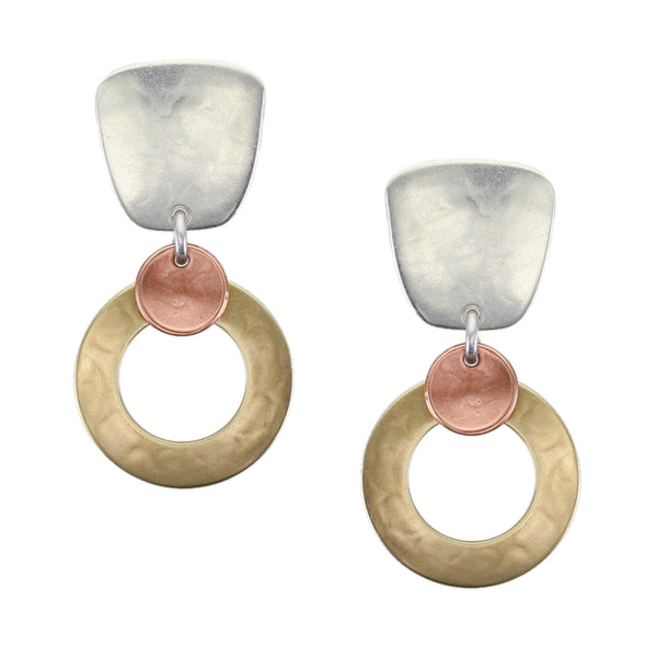 Tapered Square with Medium Ring and Small Dished Disc Post or Clip Earring