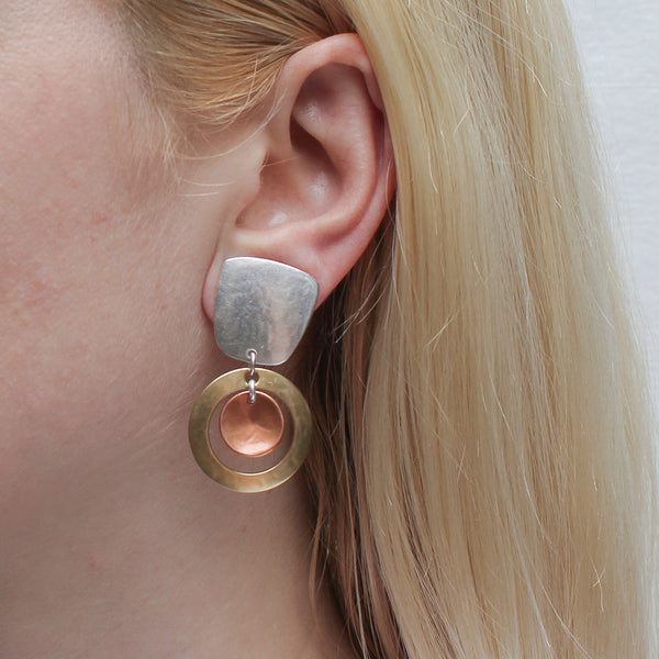 Tapered Square and Ring with Disc Clip or Post Earring