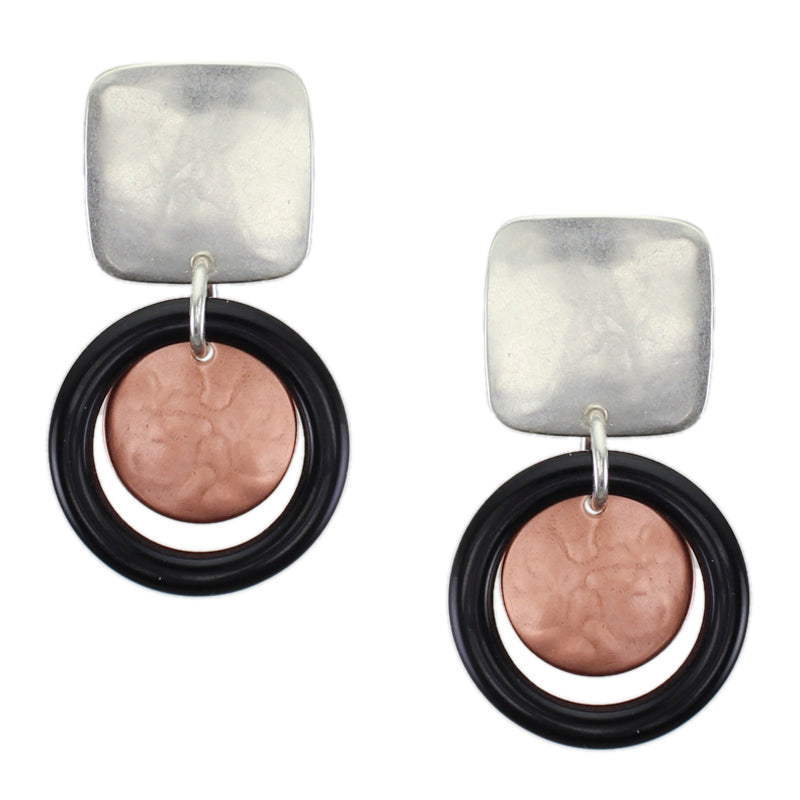 Square with Disc and Black Ring Post or Clip Earring