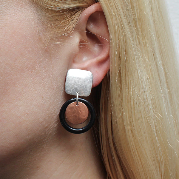 Square with Disc and Black Ring Post or Clip Earring