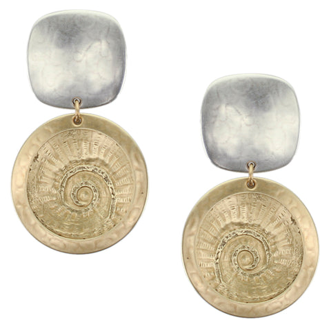 Rounded Square with Framed Concave Spiral Textured Disc Clip Earring