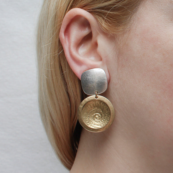 Rounded Square with Framed Concave Spiral Textured Disc Clip Earring