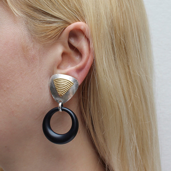 Layered Textured Rounded Triangles with Black Ring Post or Clip Earring