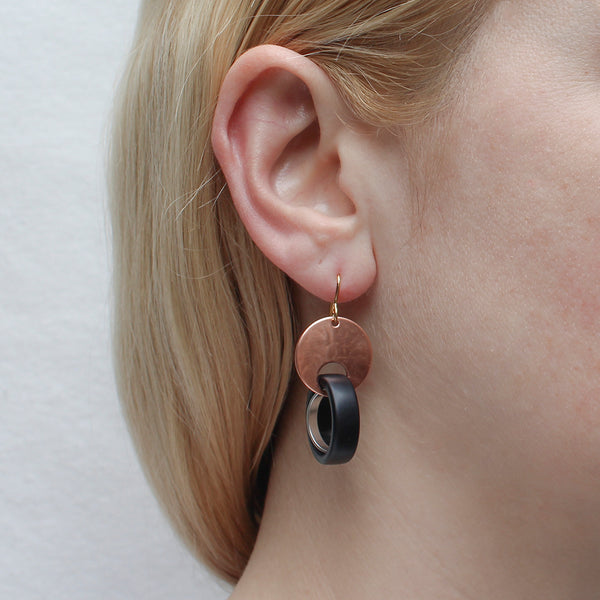 Cutout Disc with Black and Silver Rings Wire Earring