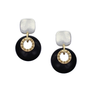 Rounded Square with Textured Ring and Black Cutout Disc Post Earring