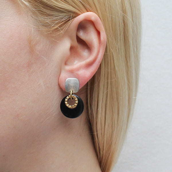 Rounded Square with Textured Ring and Black Cutout Disc Post Earring