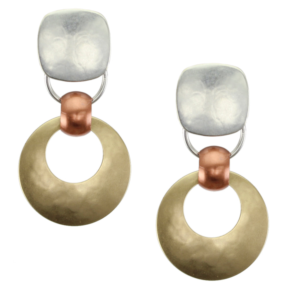 Rounded Square with Ring Bead and Cutout Disc Large Clip or Post Earring