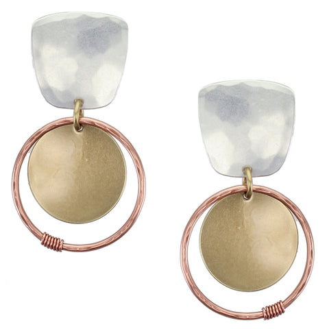 Tapered Square with Large Disc Ring and Wire Wrapped Accent Post or Clip Earring