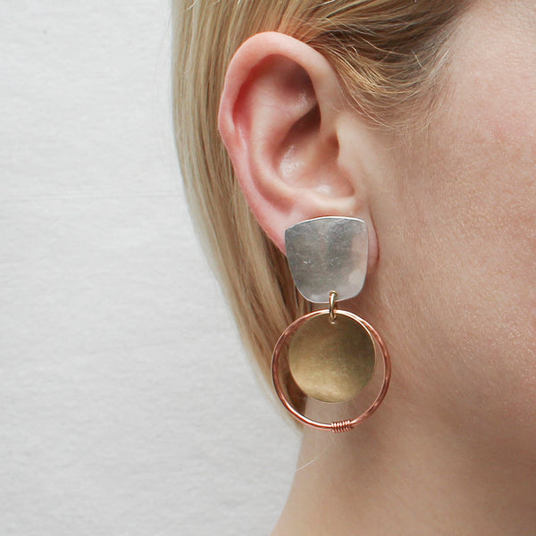 Tapered Square with Large Disc Ring and Wire Wrapped Accent Post or Clip Earring