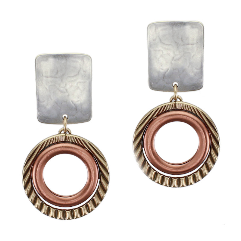 Rounded Rectangle with Textured and Smooth Rings Post or Clip Earring