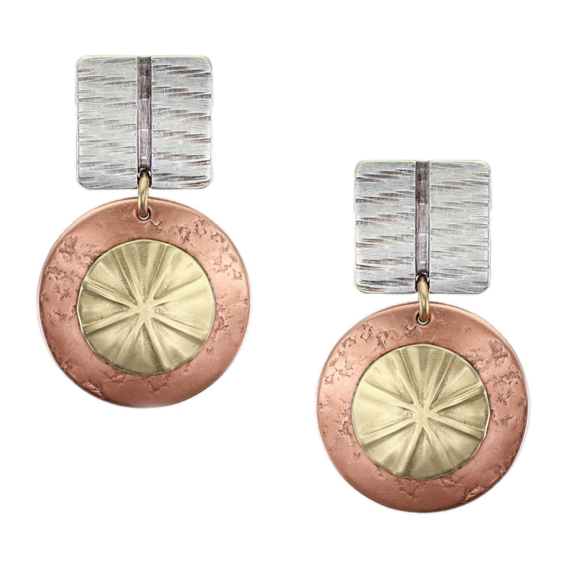 Textured Square with Layered Textured Discs Post or Clip Earring
