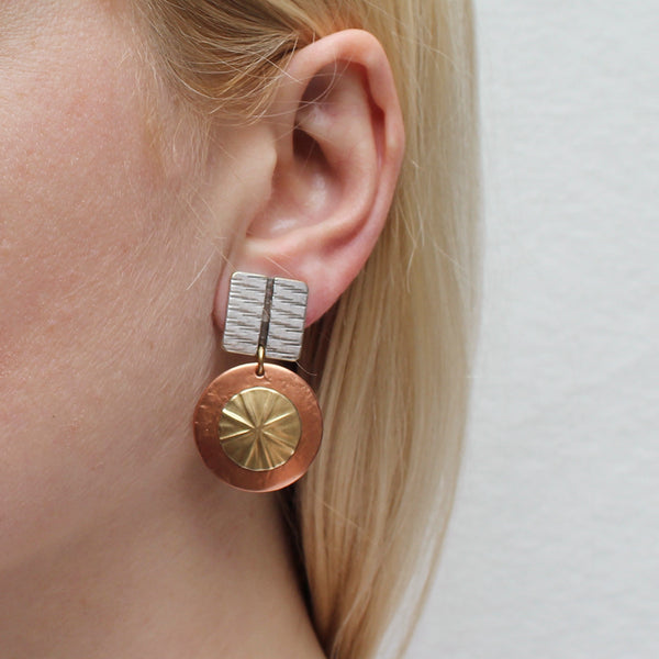 Textured Square with Layered Textured Discs Post or Clip Earring