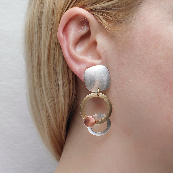 Large Rounded Square and Layered Rings with Disc Clip or Post Earring