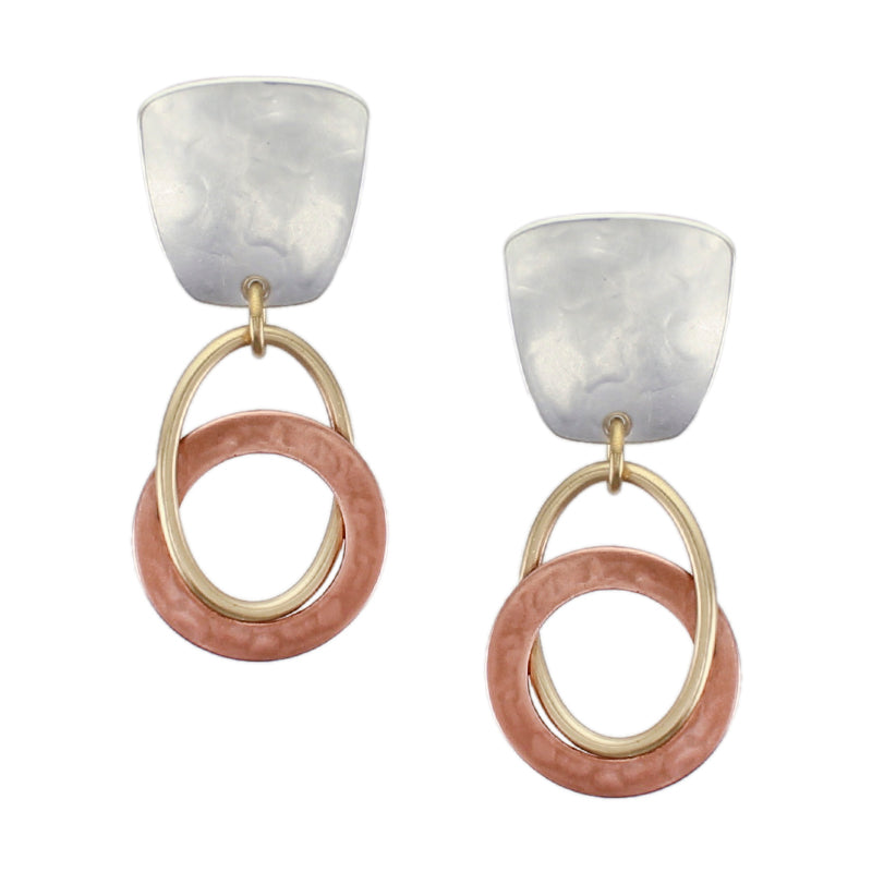 Tapered Square and Ring with Perpendicular Interlocking Oval Wire Ring Clip and Post Earring