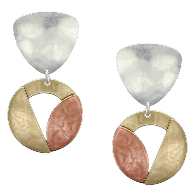 Rounded Triangle with Cutout Disc, Semi Circle, and Leaf Clip or Post Earring
