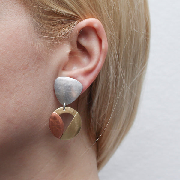 Rounded Triangle with Cutout Disc, Semi Circle, and Leaf Clip or Post Earring