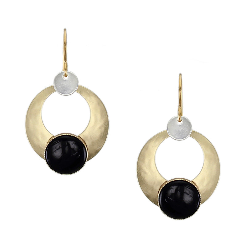 Cutout Disc with Small Disc and Black Cabochon Wire Earring