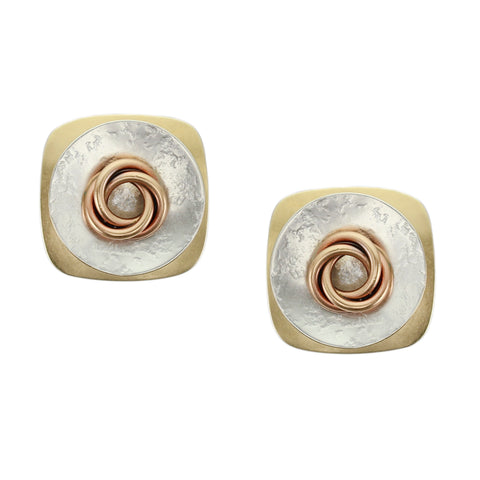 Rounded Square with Textured Disc and Knot  Post or Clip Earring