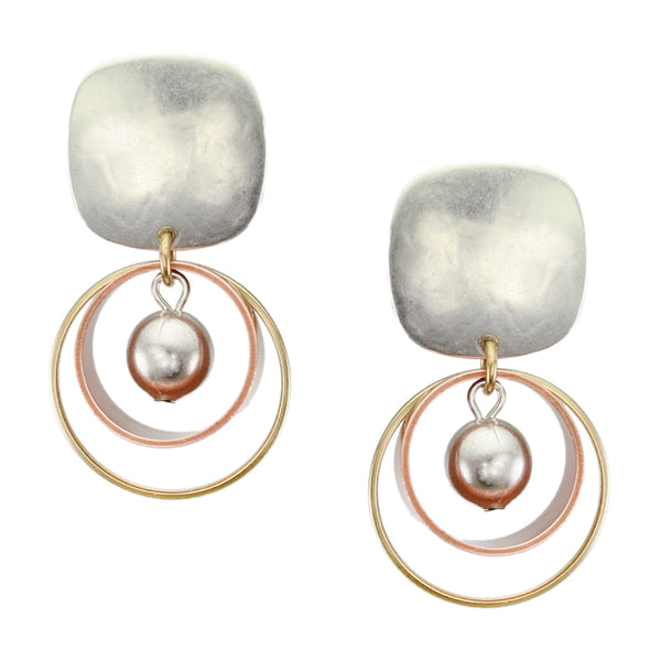 Rounded Square with Wire Ring with Rim and Bead Post or Clip Earring