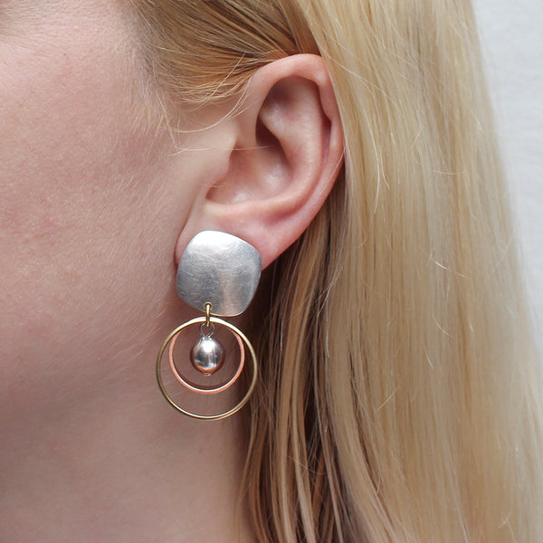 Rounded Square with Wire Ring with Rim and Bead Post or Clip Earring