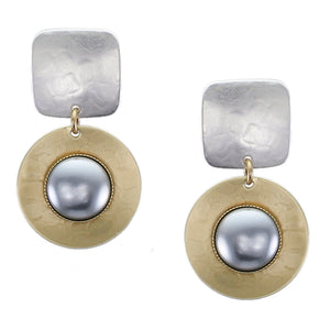 Rounded Square and Disc with Large Grey Pearl Cabochon Post or Clip Earring