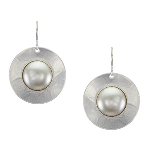 Disc with Large White Pearl Cabochon Wire Earring