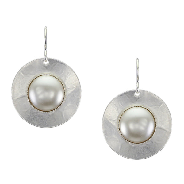 Disc with Large White Pearl Cabochon Wire Earring