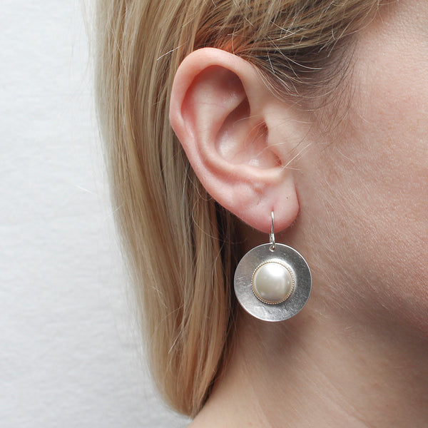 Disc with Large White Pearl Cabochon Wire Earring