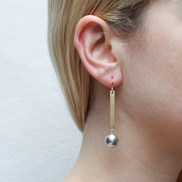 Long Rectangle with Large Grey Pearl Wire Earring