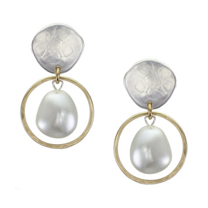 Organic Disc with Ring and Organic White Pearl Post or Clip Earring