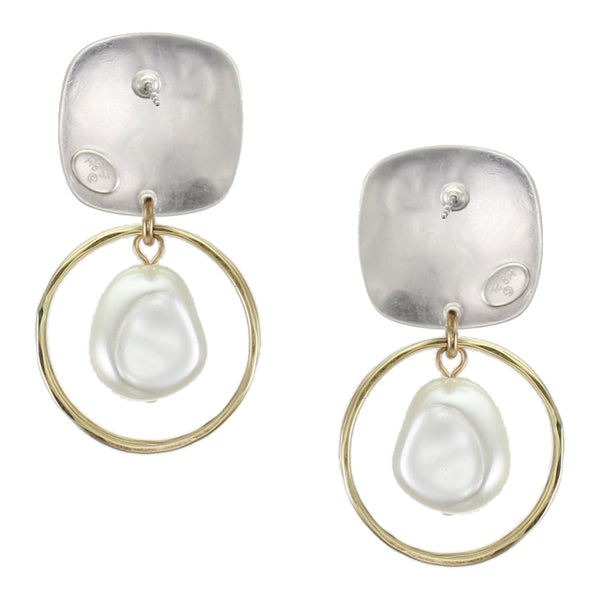Rounded Square with Ring and Organic White Pearl Post or Clip Earring