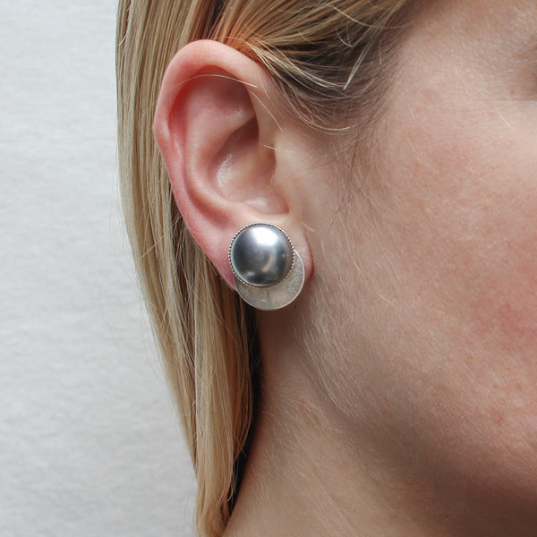 Grey Pearl Cabochon on Disc Post or Clip Earring